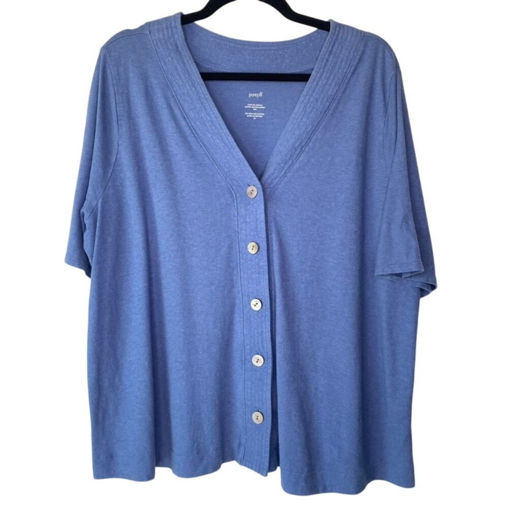 PureJill Blue Hemp & Cotton Button Front Short Sleeve Top Lagenlook Size 2X - Picture 1 of 8